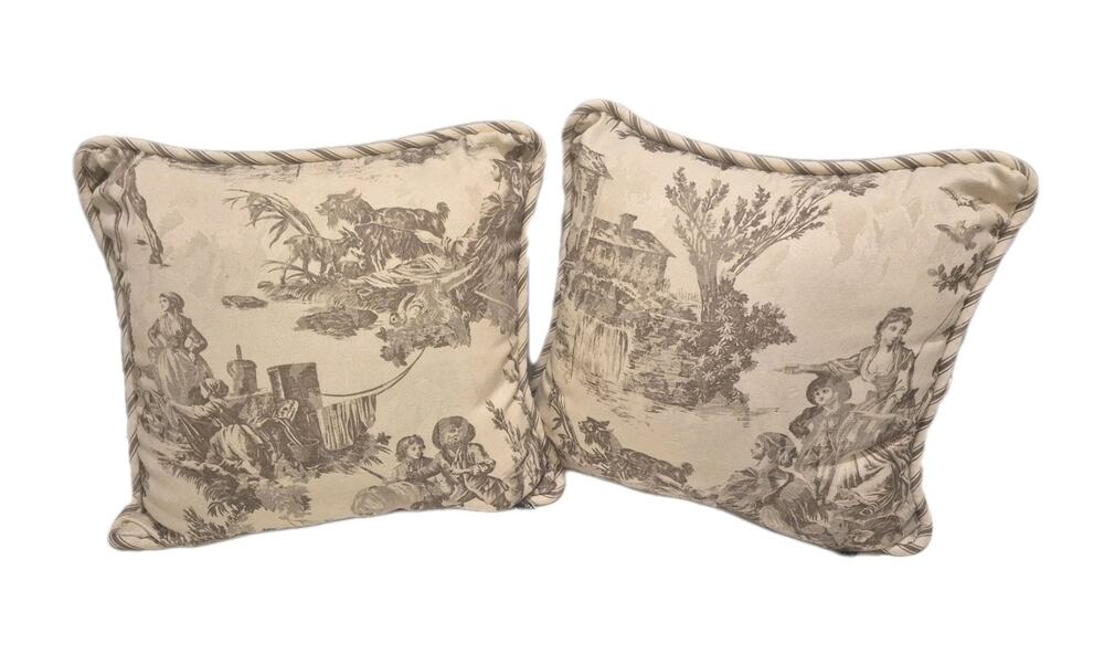 Two 16x16 Decorative Pillows Sepia Toile Pastoral Scenes Piped Edging